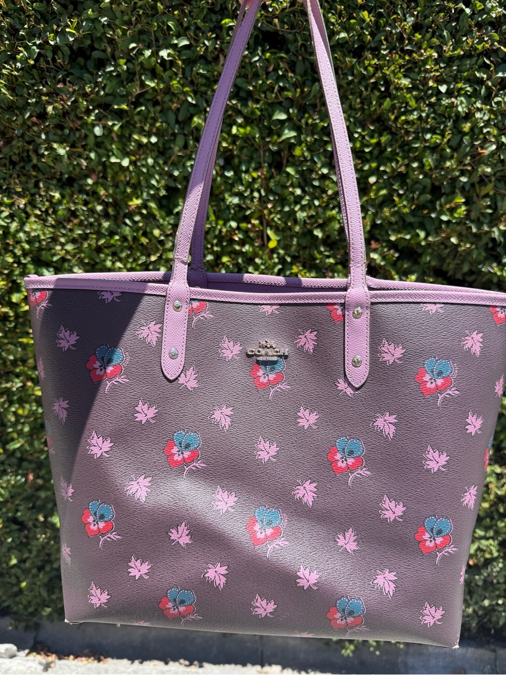 Reversible Coach Purple Floral Print Tote with pouch